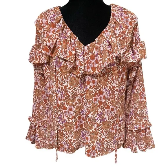 J.Crew Floral Ruffle Chiffon Peasant Blouse Boho Fairy Bell Sleeve XS - Picture 3 of 7